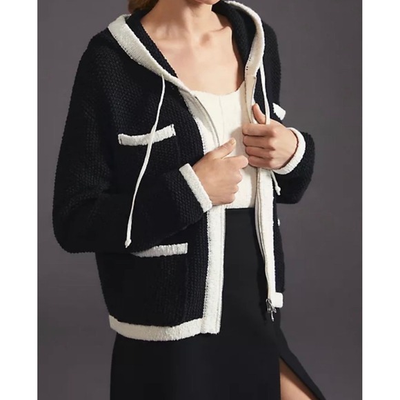 Maeve Sweaters - Maeve Anthropologie Black White Contrast Trim Zip Up Hooded Cardigan